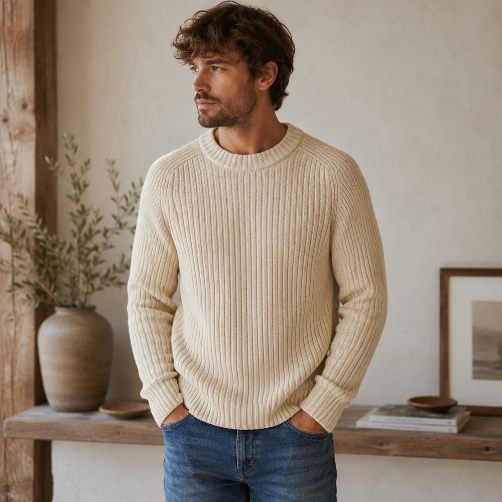 Duluth Trading Cream Ribbed Knit 100% Cotton Sweater Large Ivory Pullover